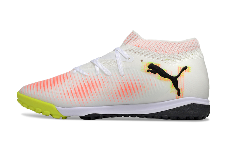 Chuteira Society Puma Future 8 TF Branco, Laranja e Amarelo