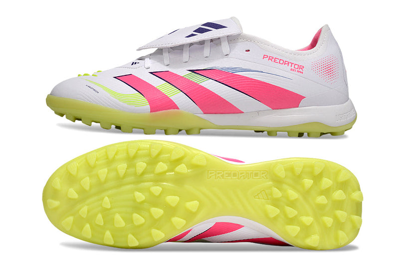 Chuteira Society Adidas Predator League Elite TF Branco, Rosa e Verde "Celestial Victory"