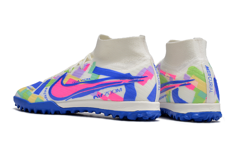 Chuteira Infantil Society Nike Air Zoom Mercurial Superfly 9 Elite TF Branca, Azul e Rosa "SoCal Pack"