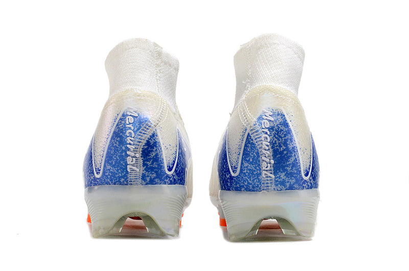 Chuteira Infantil Campo Nike Air Zoom Mercurial Superfly 10 Elite FG Branca, Azul e Laranja "Blueprint Pack"