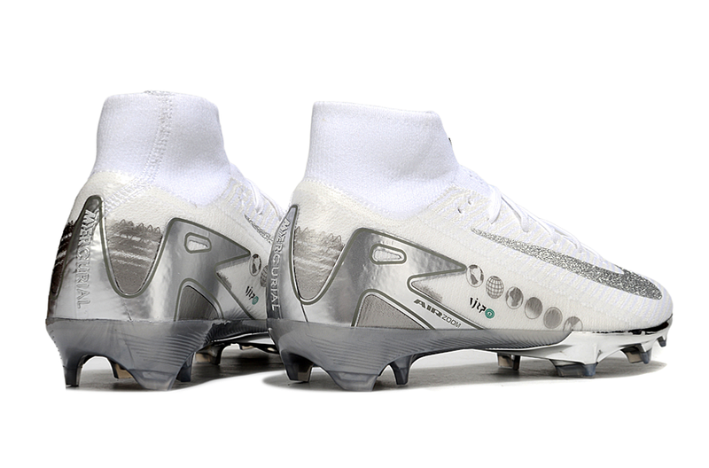 Chuteira Campo Nike Air Zoom Mercurial Superfly 10 Elite FG Branco e Prata