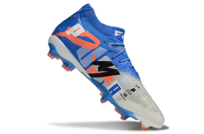 Chuteira Campo Puma Future 8 FG Cinza e Azul "Forever"