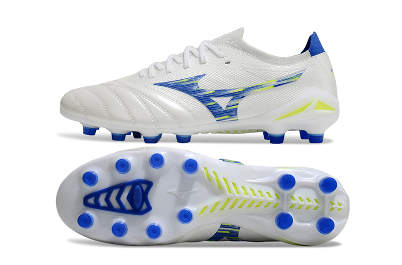 Chuteira Campo Mizuno Morelia Neo 4 Beta FG Branca, Azul e Verde