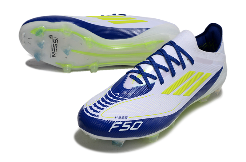 Chuteira Campo Adidas F50 FG Branca, Azul e Verde