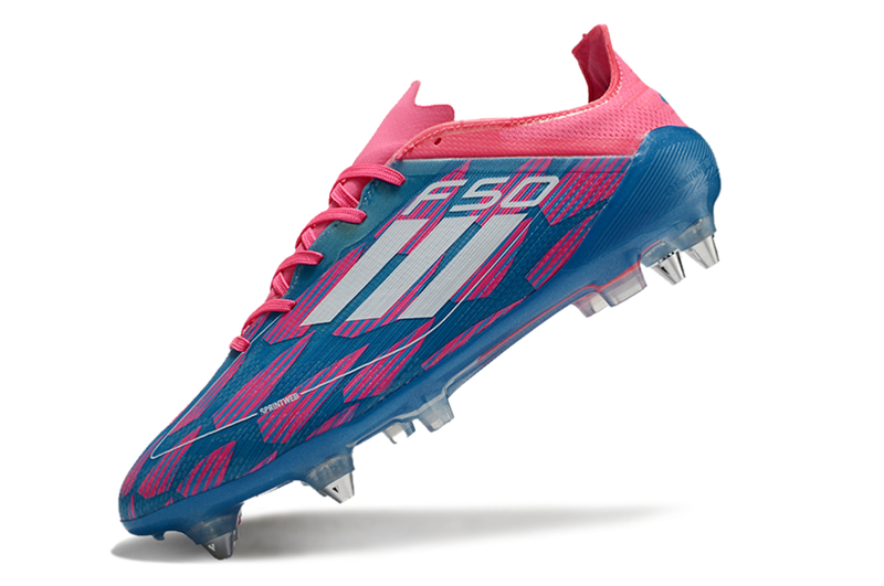 Chuteira Campo Adidas F50 Ponta de Aluminio Rosa, Azul e Branca "Reemergence Pack"