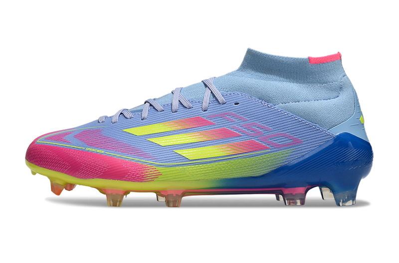 Chuteira Campo Adidas F50 Cano Médio FG Azul e Rosa "Celestial Victory"