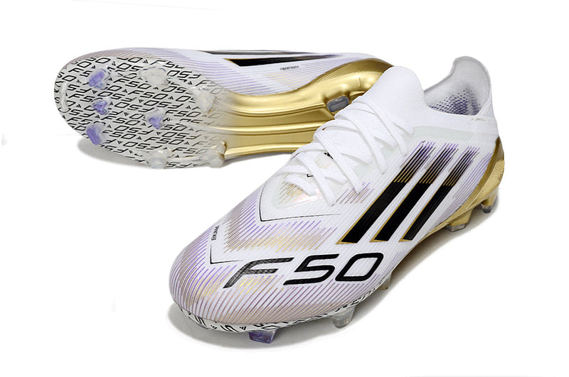 Chuteira Campo Adidas F50 FG Branca e Dourada