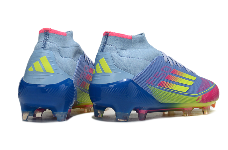 Chuteira Campo Adidas F50 Cano Médio FG Azul e Rosa "Celestial Victory"