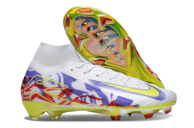 Chuteira Campo Nike Air Zoom Mercurial Superfly 10 Elite FG Branca, Roxo, Verde e Vermelho