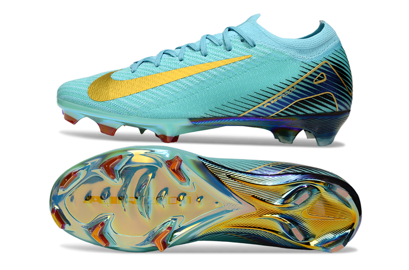 Chuteira Campo Nike Air Zoom Mercurial Vapor 16 Elite FG Azul e Dourado