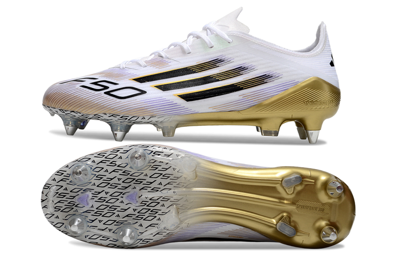 Chuteira Campo Adidas F50 Ponta de Aluminio Branco, Preto e Dourado