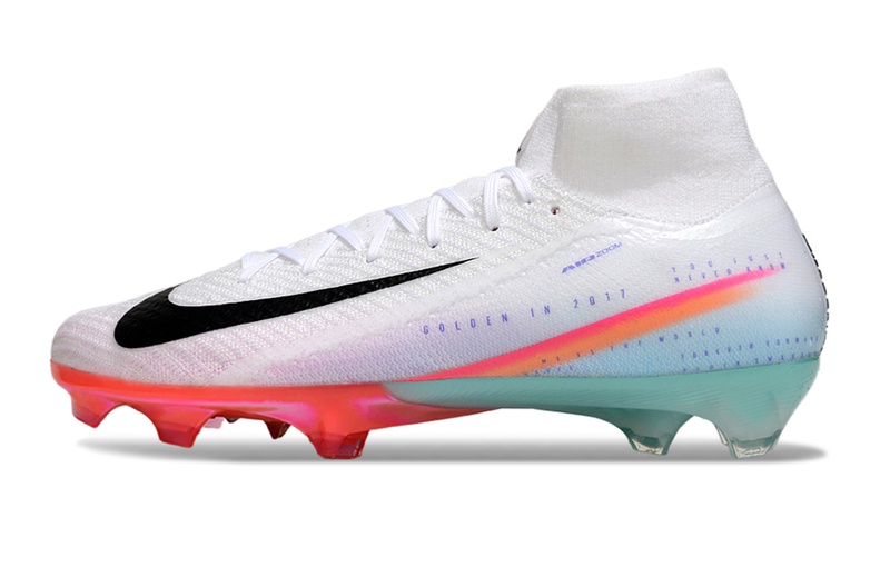 Chuteira Campo Nike Air Zoom Mercurial Superfly 10 Elite FG Branco, Rosa e Azul