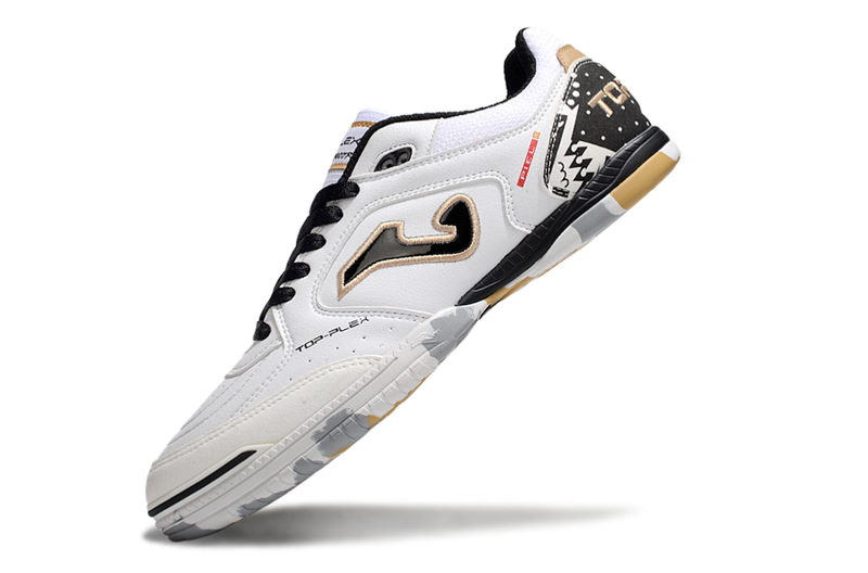Chuteira Futsal Joma Top Flex Rebound IC Branca, Preto e Dourado