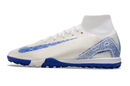 Chuteira Society Nike Air Zoom Mercurial Superfly 10 Elite FG Branca, Azul e Laranja "Blueprint Pack"