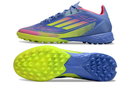 Chuteira Society Adidas F50 TF Azul, Verde e Rosa "Celestial Victory"
