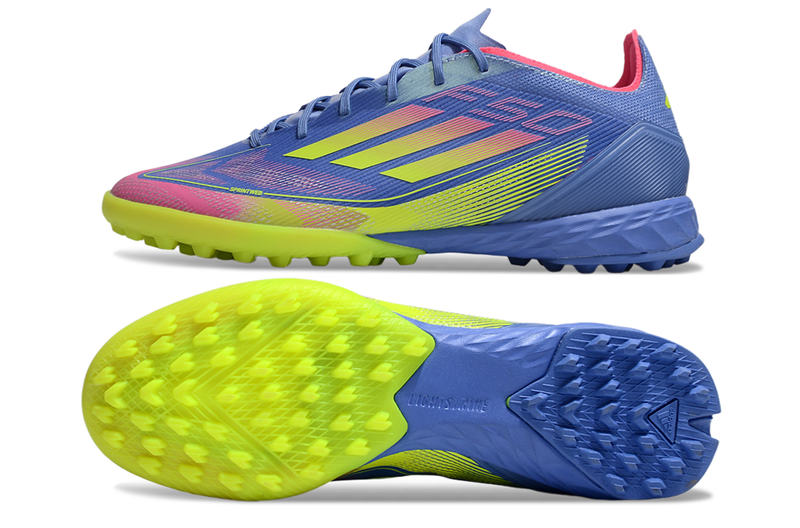 Chuteira Society Adidas F50 TF Azul, Verde e Rosa "Celestial Victory"