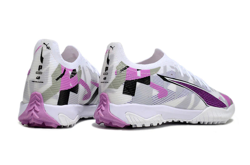 Chuteira Society Puma Ultra 5 Ultimate TF Branca e Rosa