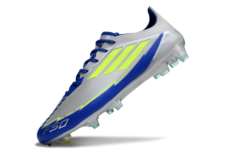 Chuteira Campo Adidas F50 FG Prata, Azul e Verde