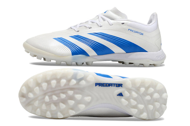 Chuteira Infantil Society Adidas Predator Elite TF Branca e Azul "Kvara Pack"