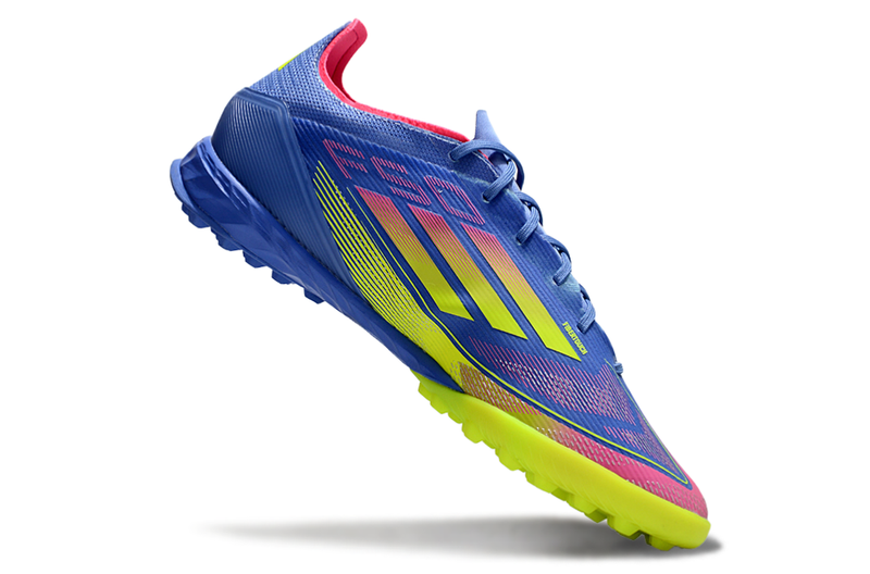 Chuteira Society Adidas F50 TF Azul, Verde e Rosa "Celestial Victory"