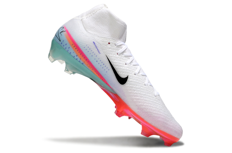 Chuteira Campo Nike Air Zoom Mercurial Superfly 10 Elite FG Branco, Rosa e Azul