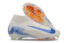 Chuteira Infantil Campo Nike Air Zoom Mercurial Superfly 10 Elite FG Branca, Azul e Laranja "Blueprint Pack"