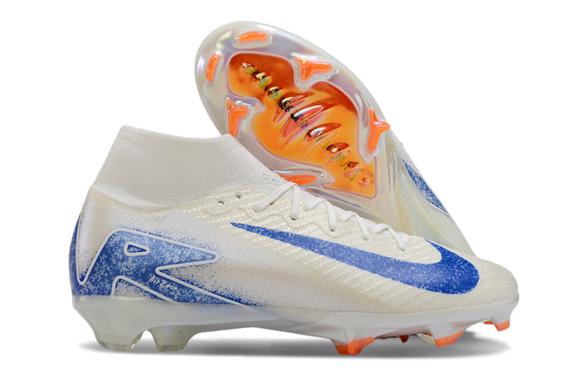 Chuteira Infantil Campo Nike Air Zoom Mercurial Superfly 10 Elite FG Branca, Azul e Laranja "Blueprint Pack"