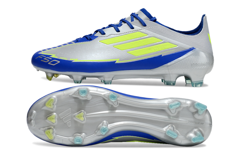 Chuteira Campo Adidas F50 FG Prata, Azul e Verde