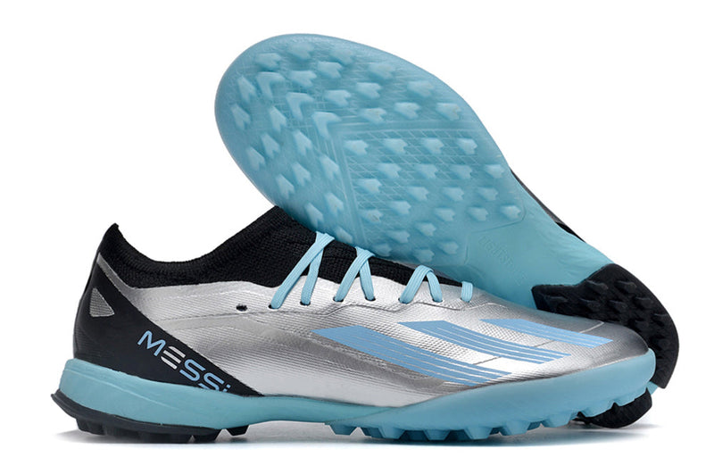 Chuteira Infantil Society Adidas X Crazyfast. Messi.1 TF Prata e Azul "Infinito"