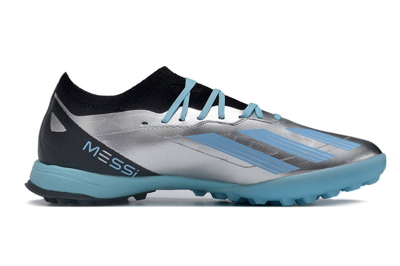 Chuteira Infantil Society Adidas X Crazyfast. Messi.1 TF Prata e Azul "Infinito"