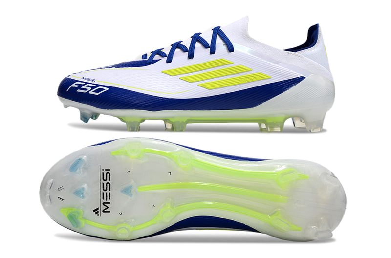 Chuteira Campo Adidas F50 FG Branca, Azul e Verde