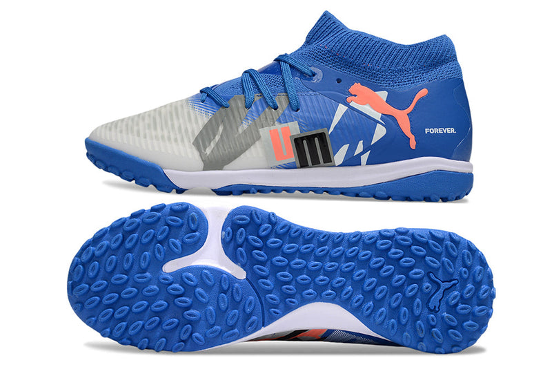 Chuteira Society Puma Future 8 TF Azul e Cinza "Forever"
