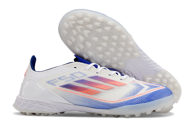 Chuteira Infantil Society Adidas F50 TF Branca, Azul e Vermelha "Advancement Pack"