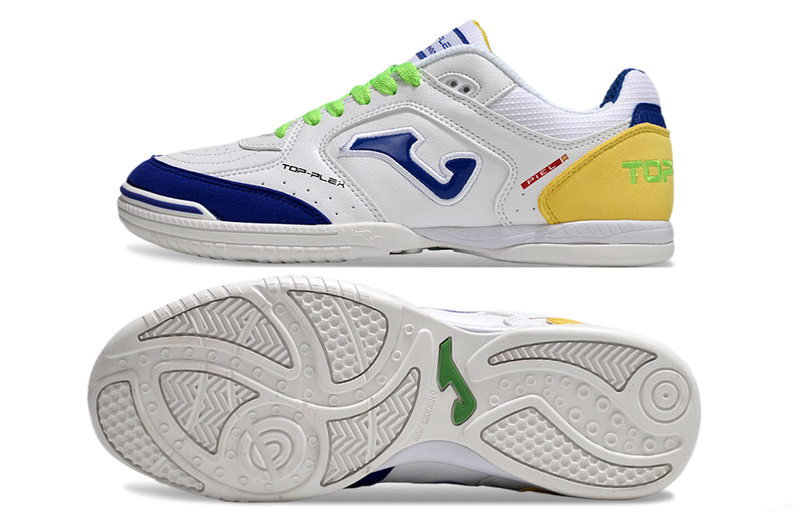 Chuteira Futsal Joma Top Flex Rebound IC Branca, Azul, Verde e Amarelo