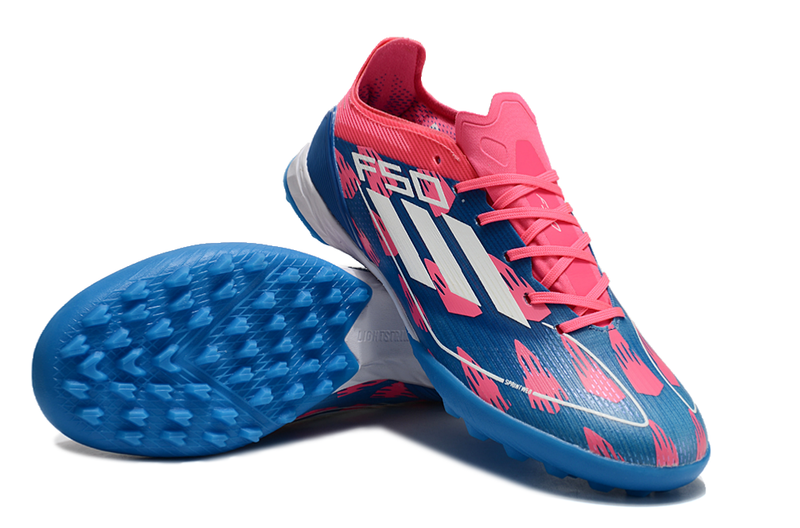 Chuteira Infantil Society Adidas F50 TF Azul e Rosa "Reemergence"