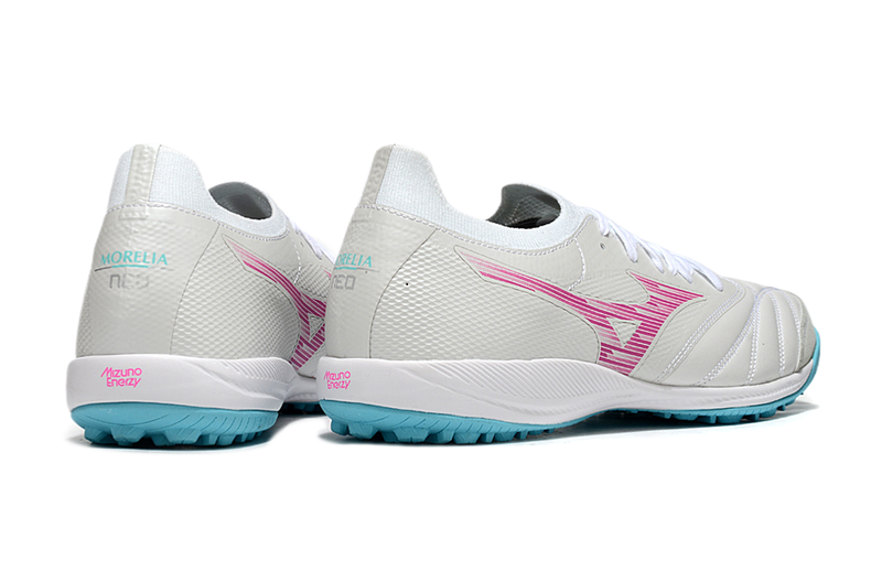 Chuteira Society Mizuno Morelia Neo Sala TF Branca, Azul e Rosa