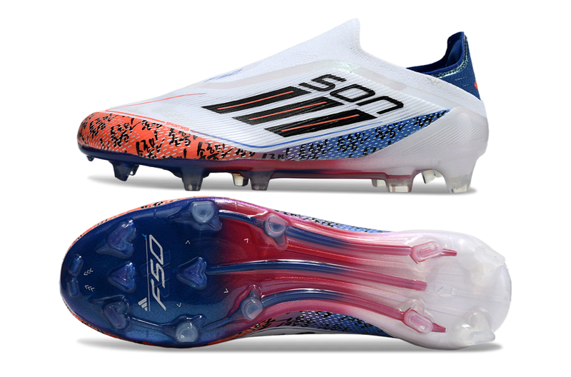Chuteira Campo Adidas F50+ LL FG Branca, Laranja e Azul