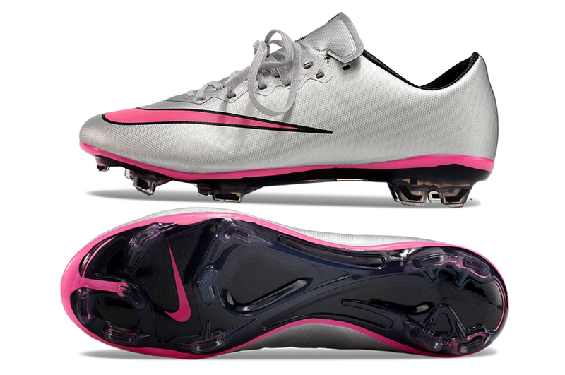 Chuteira Campo Nike Retrô Mercurial Vapor 10 FG Prata e Rosa