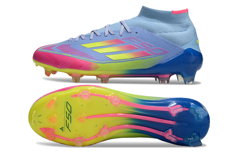 Chuteira Campo Adidas F50 Cano Médio FG Azul e Rosa "Celestial Victory"