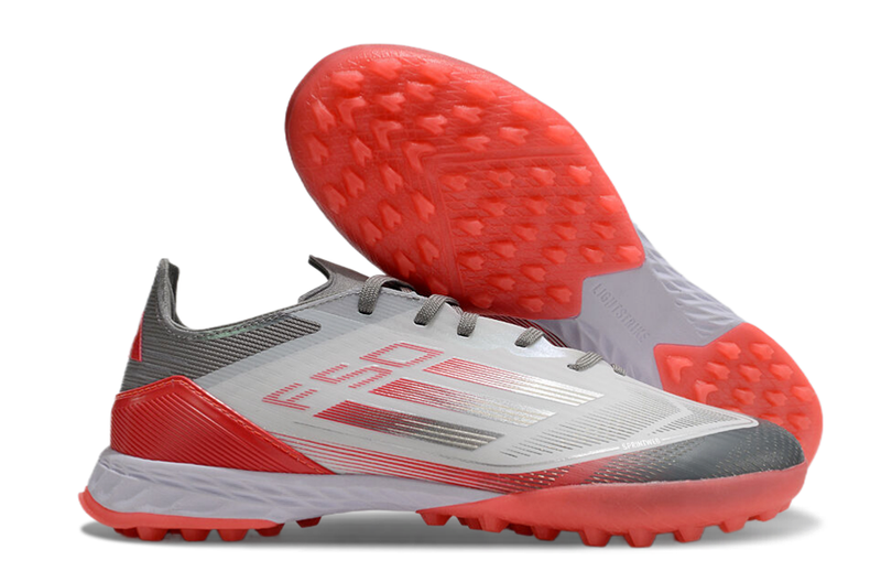 Chuteira Society Adidas F50 TF Branca, Cinza e Vermelha