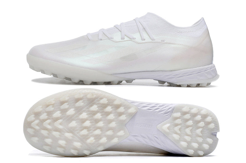 Chuteira Infantil Society Adidas X Crazyfast.1 TF Branca "Pearlized Pack"