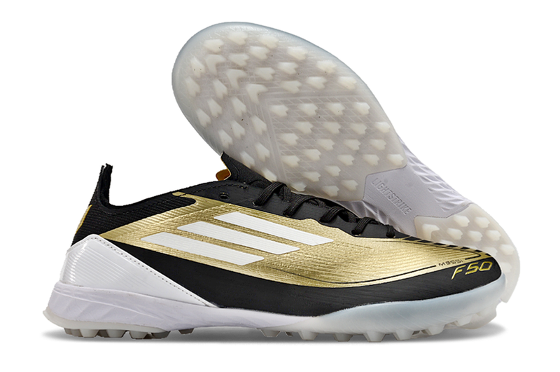 Chuteira Infantil Society Adidas F50 TF Dourada e Preta "Triunfo Dorado Pack"