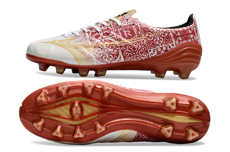 Chuteira Campo Mizuno Alpha FG Branca, Vermelho e Dourado "Signature Pack"