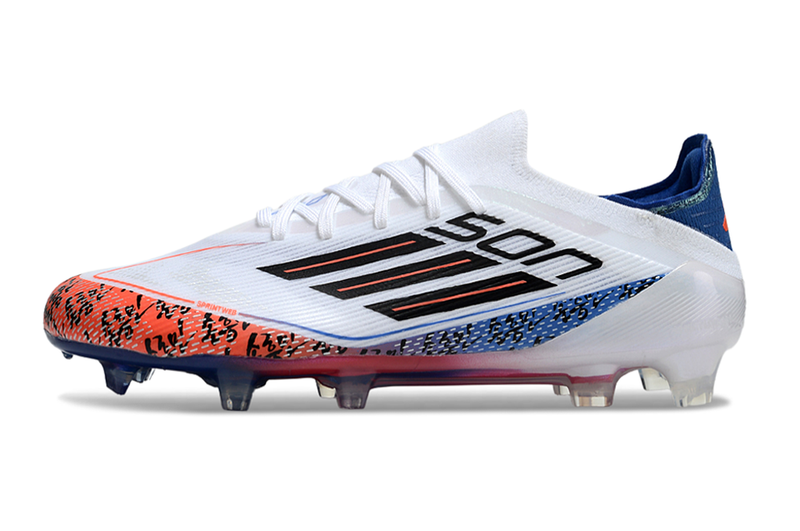 Chuteira Campo Adidas F50 FG Branca, Laranja e Azul