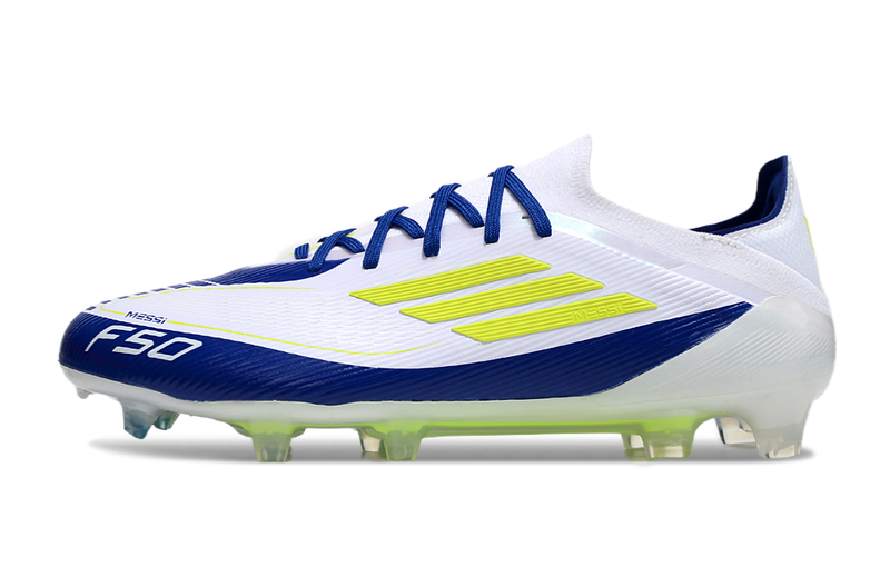 Chuteira Campo Adidas F50 FG Branca, Azul e Verde