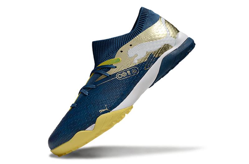 Chuteira Society Puma Future 7 TF Azul e Amarelo "Njr"