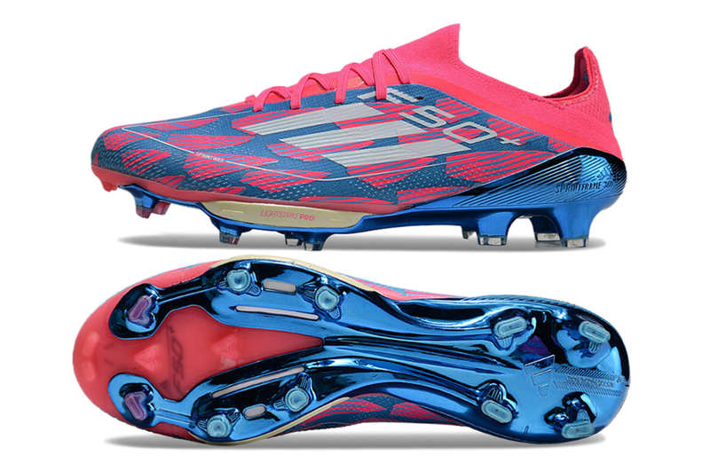 Chuteira Campo Adidas F50+ FG Rosa, Azul e Branca "Reemergence Pack"