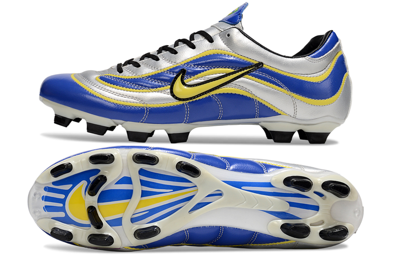 Chuteira Campo Nike Mercurial Vapor 1998 FG Prata, Azul e Amarelo "R9"