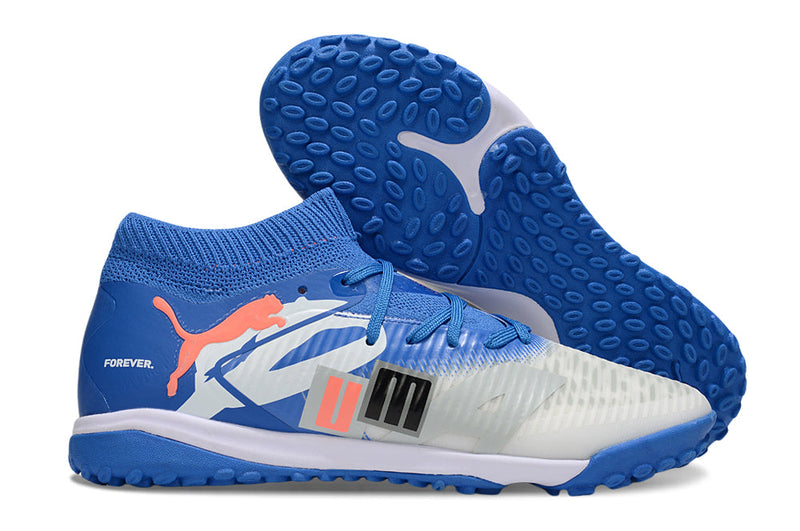 Chuteira Society Puma Future 8 TF Azul e Cinza "Forever"