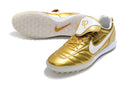 Chuteira Society Nike Retrô Tiempo Legend 7 Elite TF Dourado e Branco R10